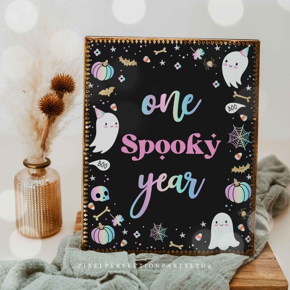 Cute Pastel Halloween Ghost Party Sign One Spooky Year Sign Ghost Spooktacular Halloween Birthday Halloween Decor Instant Download DQ Il_570xn