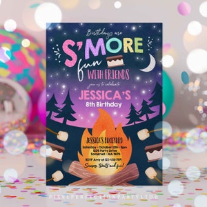 May include: A colorful invitation for a birthday party with a campfire and s'mores theme. The invitation features a cartoon campfire with flames, marshmallows, and graham crackers. The text reads "Birthdays are S'more Fun with Friends" and "Jessica's 8th Birthday".