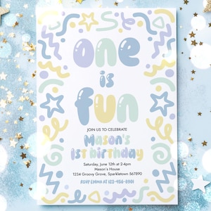 Editable One Is Fun Balloon Letters Doodle Birthday Party Invitation Blue Doodle Boy 1st Birthday Party Invitation Instant Download ER6