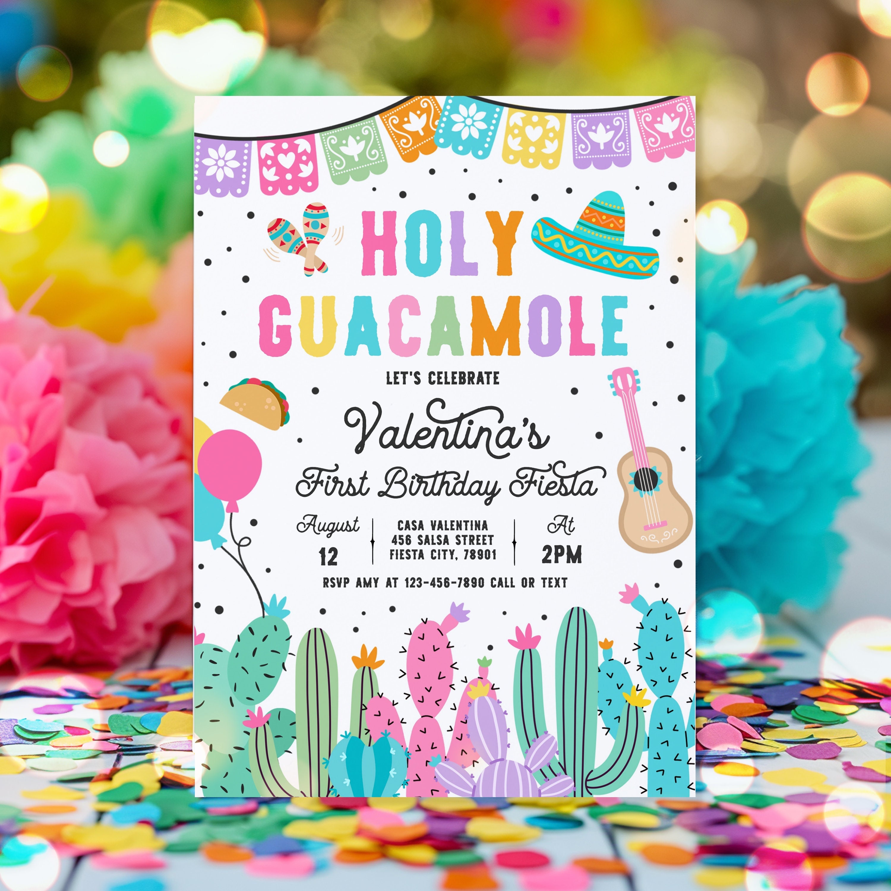 Editable Fiesta Holy Guacamole 1st Birthday Party Invitation Let's Fiesta 1st Birthday Party Cactus Mexican Party Instant Download 6T2