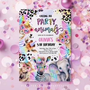 Editable Party Animals Birthday Invitation Pastel Rainbow Cheetah Print Leopard Print Wild Safari Animals Birthday Party Invite Download XQ image 5