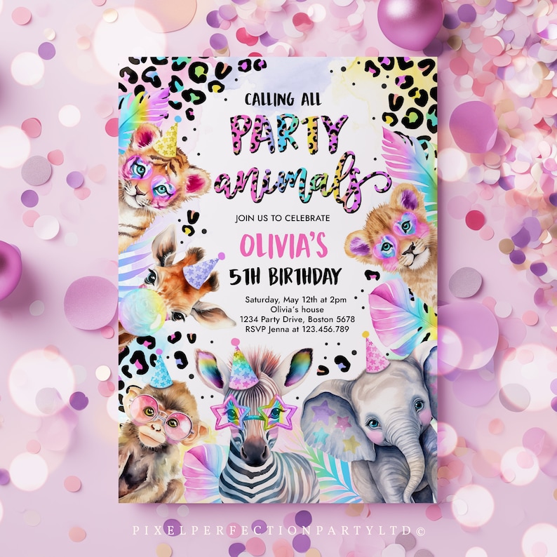 Editable Party Animals Birthday Invitation Pastel Rainbow Cheetah Print Leopard Print Wild Safari Animals Birthday Party Invite Download XQ image 5