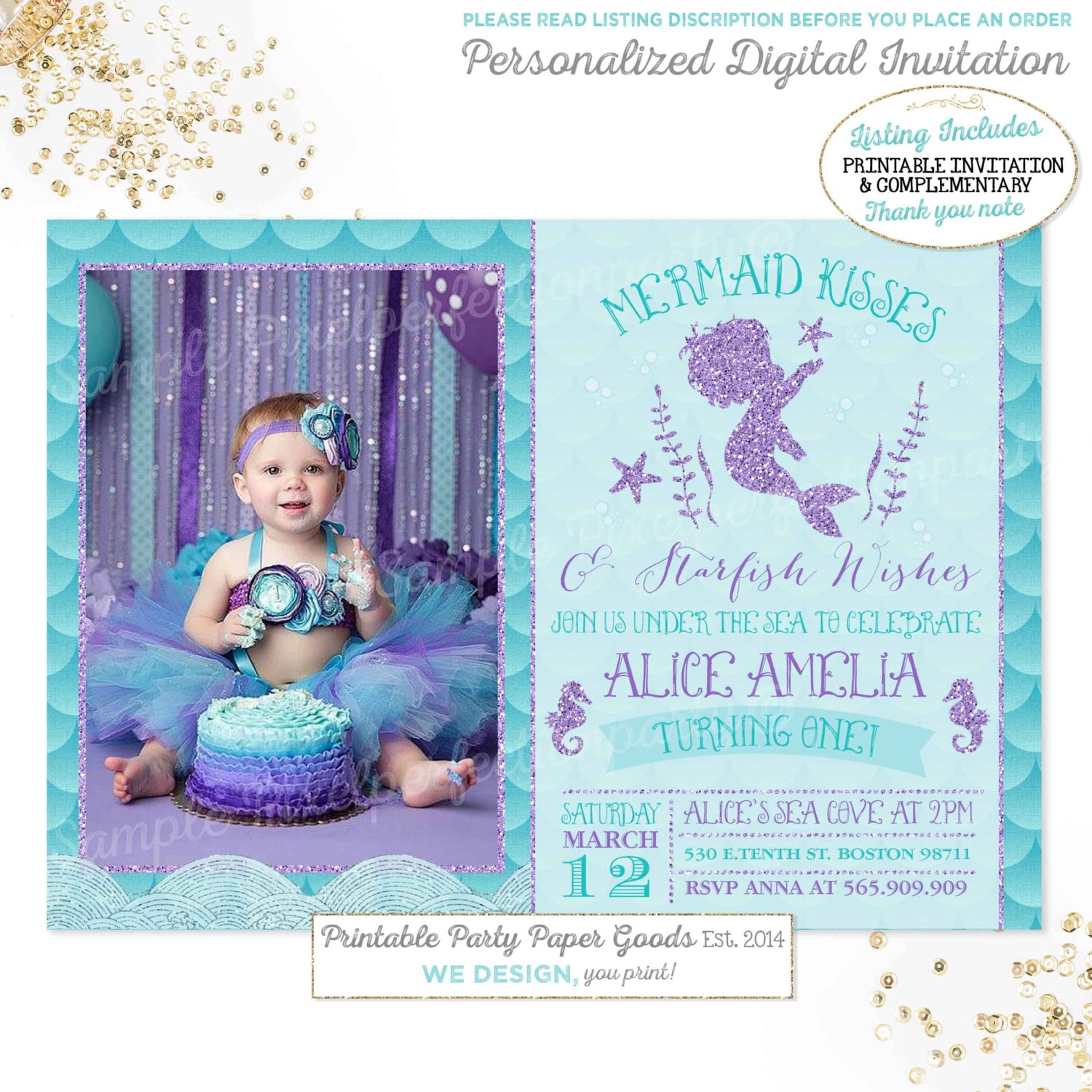 Mermaid Invitation Mermaid 1st Birthday Invitation Mermaid Etsy