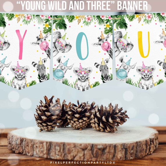 Young Wild and Three 3rd Birthday Banner Girl Safari Banner Safari 3rd Birthday Party Gold Monochrome Jungle Decorations Instant Download PS Il_570xn