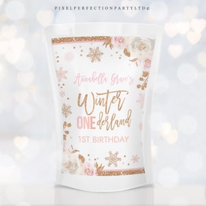 Editable Winter Onederland Juice Pouch Label Rose Gold & Pink Floral Snowflake Winter Onederland 1st Birthday Party Instant Download LH