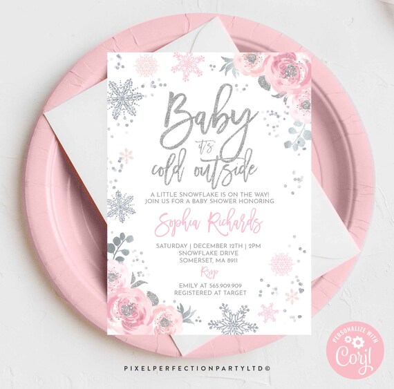 Winter Baby Shower Invitation Baby It's Cold Outside Shower Pink & Silver Winter Floral Snowflake Shower Instant Download Editable Corjl WS1 Il_570xn