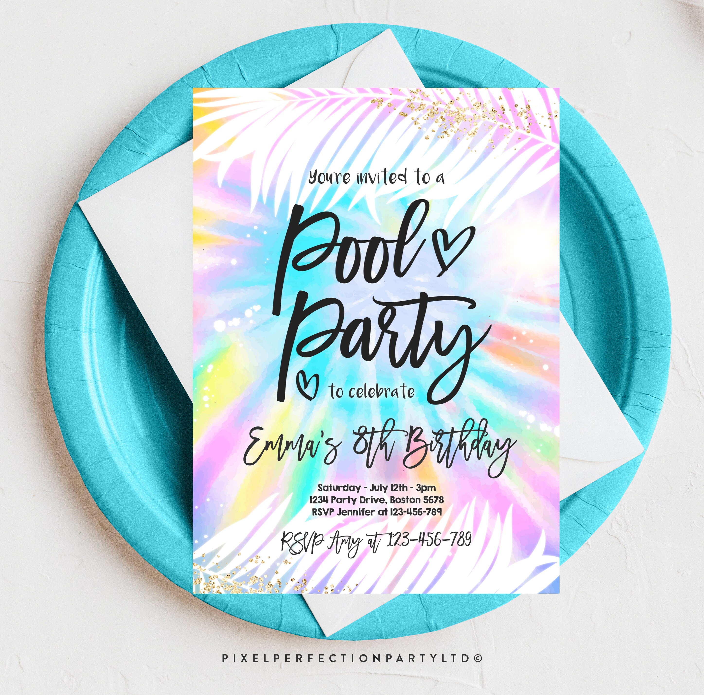 Editable Pool Party Invitation Girly Tie Dye Pool Party Etsy