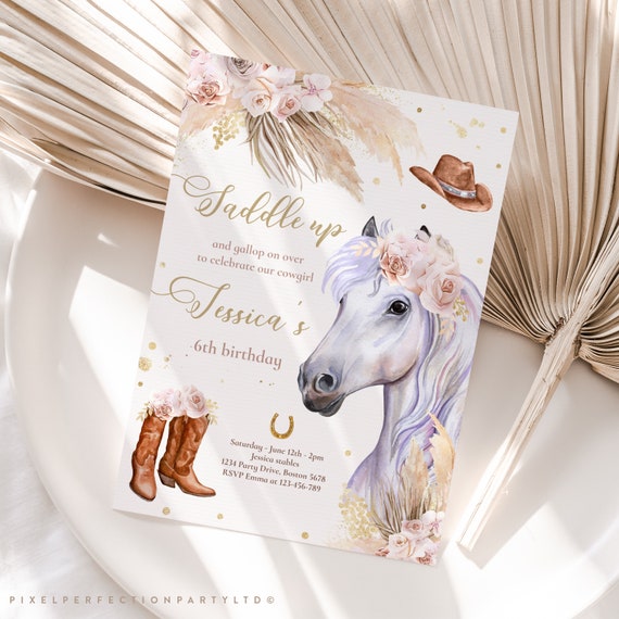 Editable Cowgirl Birthday Invitation Boho Horse Birthday Party Invite Muted Pink Tone Pampas Grass Cowgirl Horse Party Instant Download KU Il_570xn