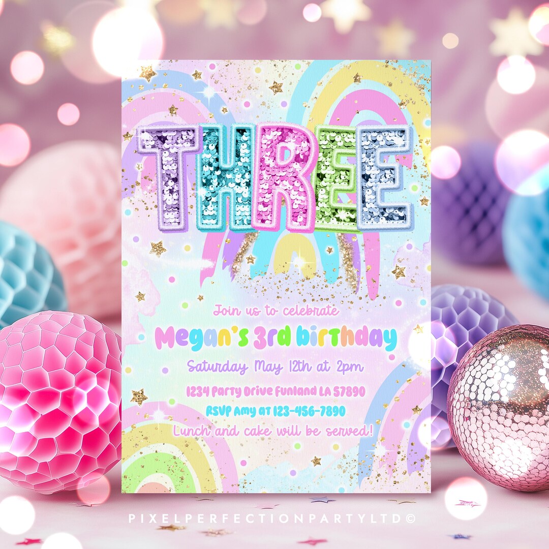 Editable 3rd Birthday Party Invitation Pastel Rainbow Sequin Glitter ...