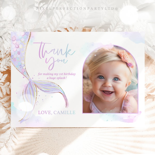 Editable Mermaid Birthday Flat Photo Thank You Card Mermaid Thank You Template Whimsical Mermaid Under The Sea Party Instant Download ZL