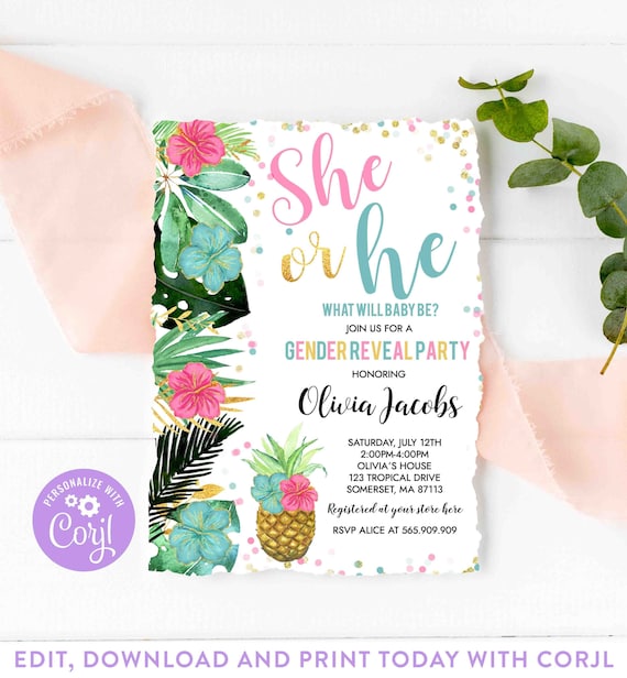 Tropical Gender Reveal Invitation Pineapple Gender Reveal Hawaiian Luau