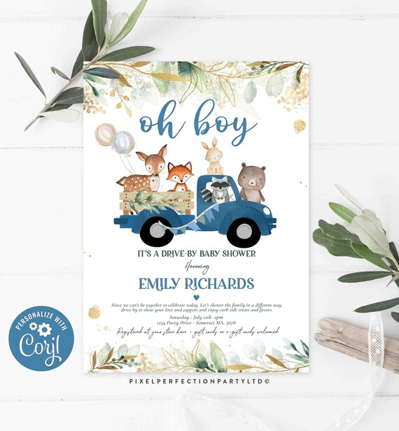 Editable Woodland Animals Drive By Baby Shower Invitation Greenery & Gold Woodland Truck Baby Shower Drive Thru Sprinkle Instant Download TW Il_570xn