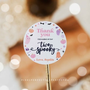 Editable Pink Halloween Ghost Circle + Square Favor Tags Pink Ghost Two Spooky Favors Spooktacular Halloween Birthday Instant Download F6