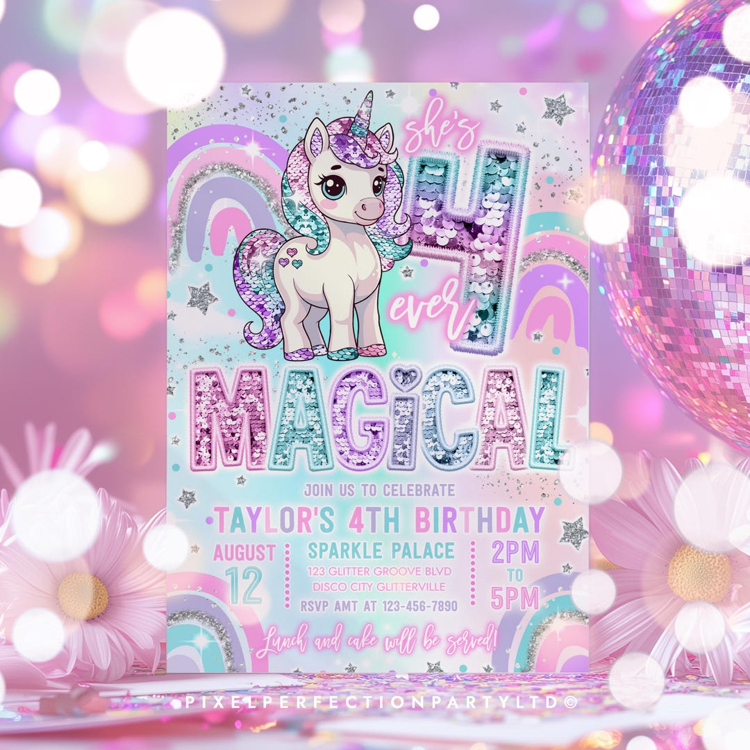 Editable Unicorn 4th Birthday Party Invitation Four Ever Magical ...