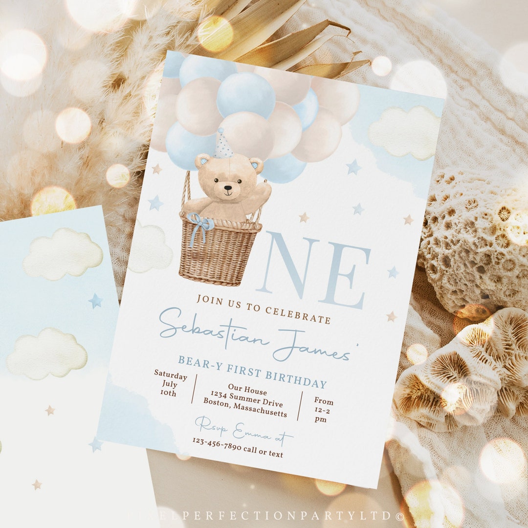Editable Teddy Bear Birthday Invitation Blue Boy Teddy Bear Party Bear ...