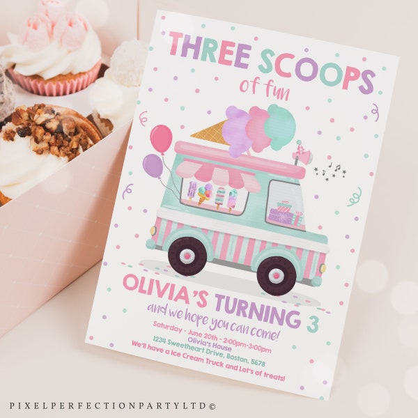 Editable Ice Cream Truck Three Scoops Of Fun 3rd Birthday Party Invitation Ice Cream 3rd Birthday Three Scoops Of Fun Instant Download YU