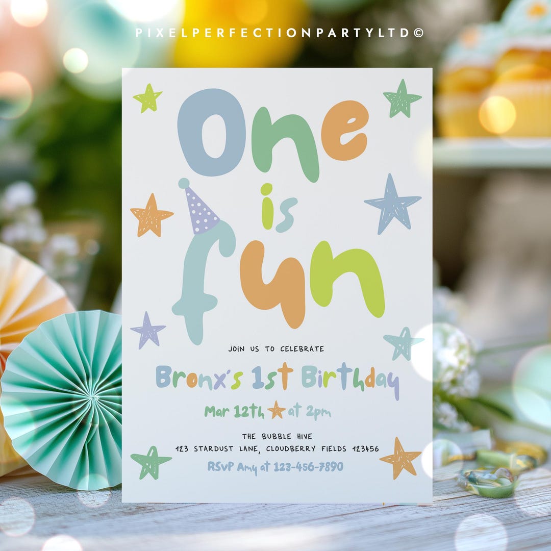 Fun Blue Invite Frame Editable One is Fun Pastel Blue Rainbow 1st Birthday Party Invitation ...