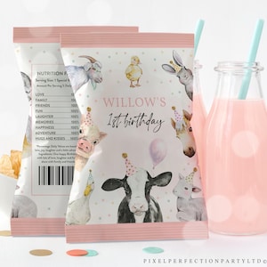 Editable Farm Animals Birthday Party Chip Bag Labels Girl Pink Farm Barnyard 1st Birthday Party Favor Tag Decorations Instant Download HYS