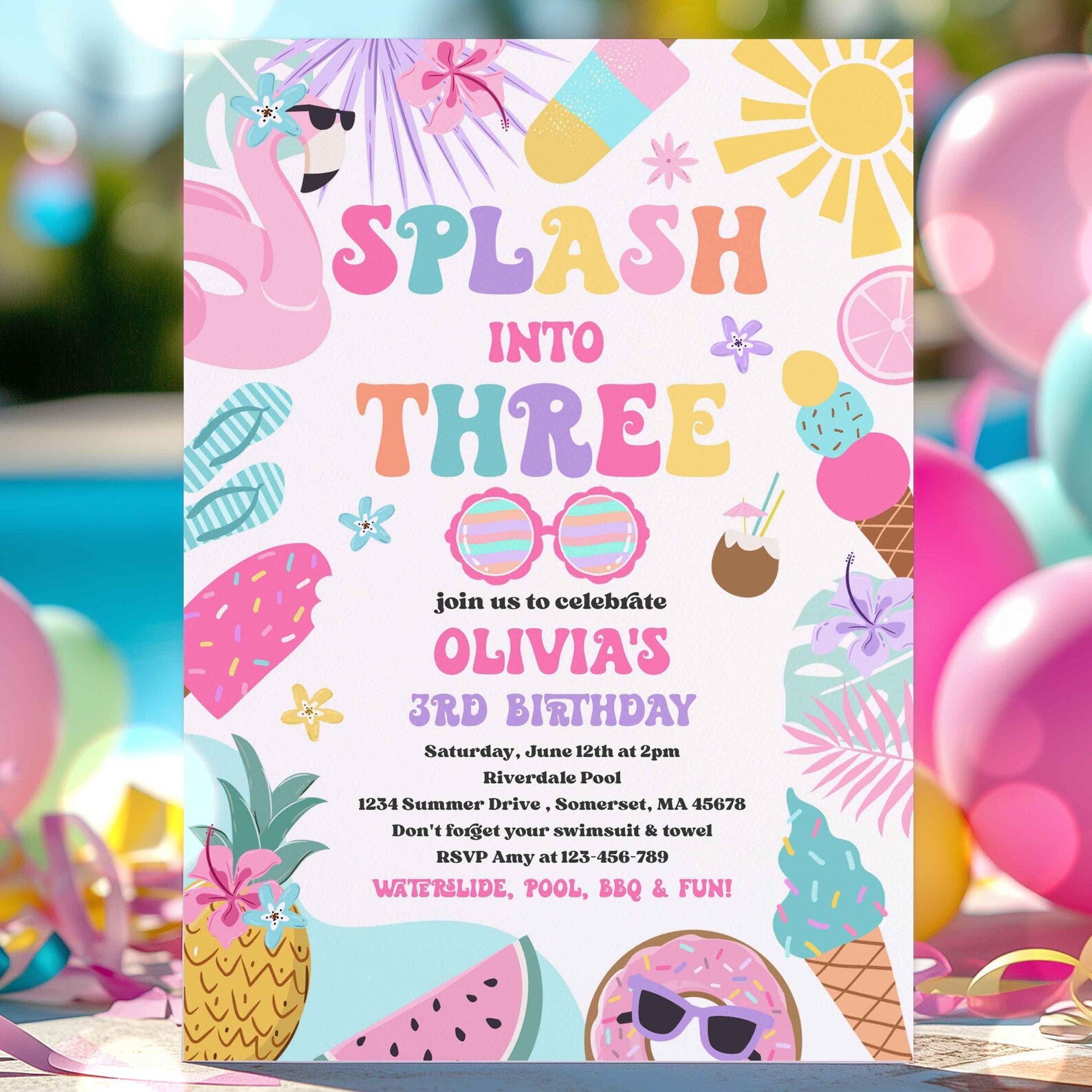 Editable Splash Into Three 3rd Birthday Party Invitation Tropical