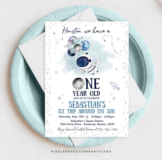 Editable Space 1st Birthday Invitation Houston We Have A One Year Old Rocket Ship Planets Galaxy Outer Space Party Instant Download SM