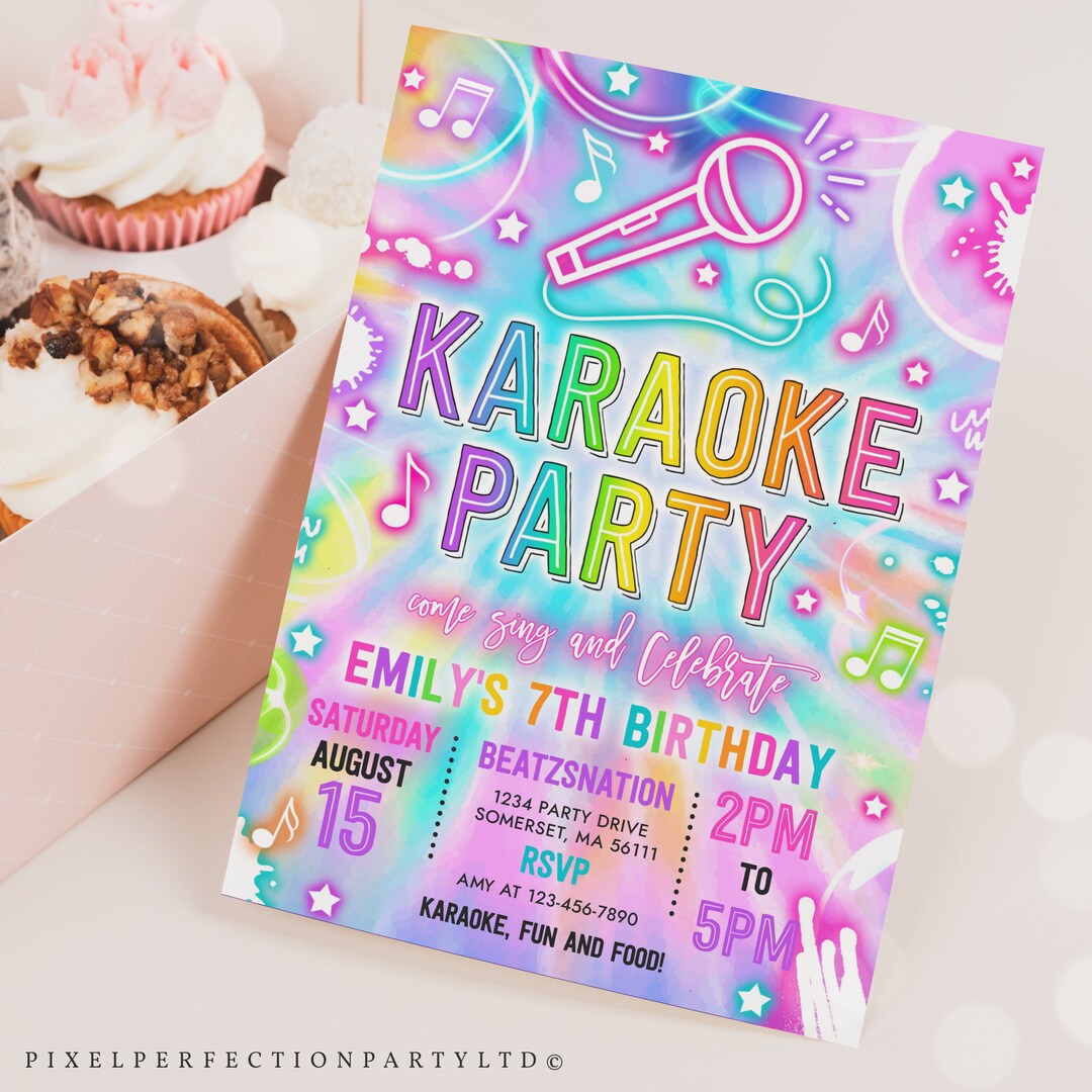 Editable Karaoke Birthday Party Invitation Tie Dye Karaoke Birthday