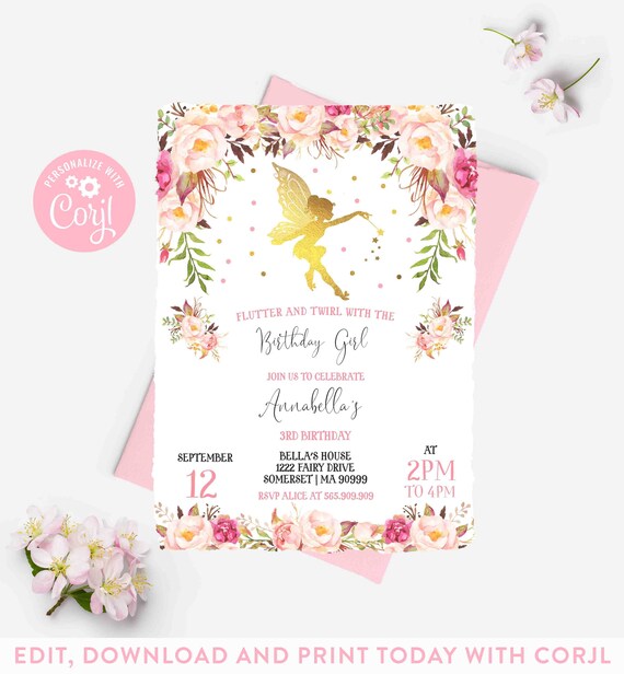 Fairy Invitation Fairy Birthday Invitation Rustic Floral Fairy Invitation Magical Floral Fairy Party Instant Download Editable Corjl N1 Il_570xn