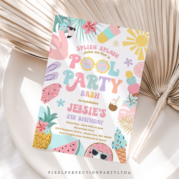 Editable Pool Party Invitation Tropical Splish Splash Girly Pool Party Invitation Summer Swimming Pool Splash Pad Party Instant Download FK Il_570xn