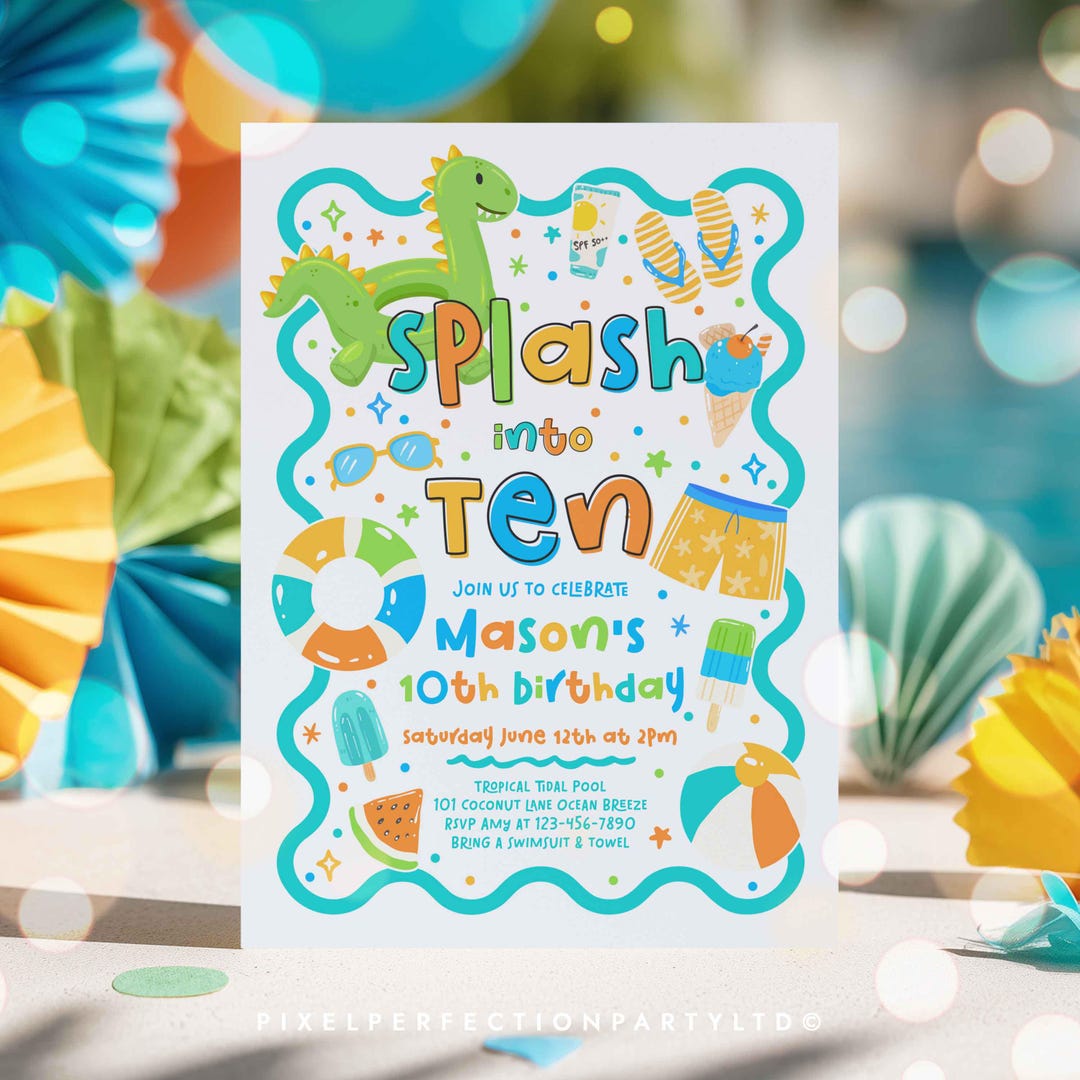 Editable Splash Into Ten Pool Party Birthday Invitation, 10th Birthday ...