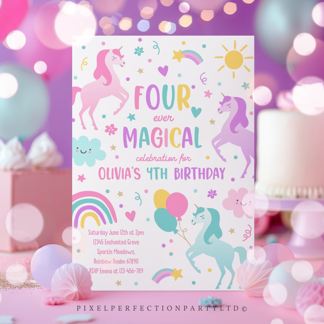 Editable Unicorn Four Ever Magical 4th Party Birthday Invitation ...
