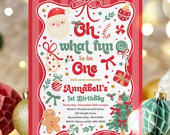 May include: A festive Christmas-themed invitation with a red and white striped background. The invitation features a Santa Claus illustration, a Christmas tree, and the text "Oh what fun to be One" for Annabell's 1st Birthday.