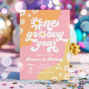 Editable One Groovy Year 1st Birthday Party Invitation Boho Retro ...