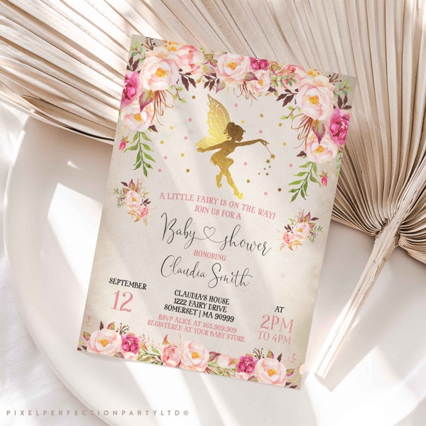 Fairy Baby Shower Invitation Floral Fairy Baby Shower Rustic Floral Fairy Shower Tea Party Baby Shower Instant Download Editable Corjl N1