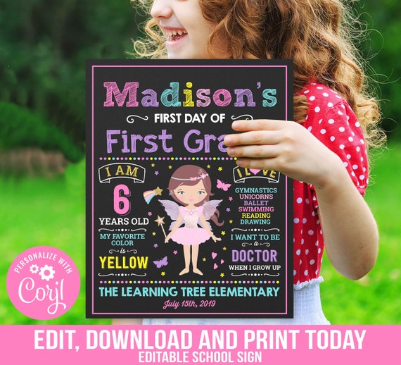 First Day of First Grade Sign Fairy First Day of First Grade Sign Chalkboard First Day Of School Sign Prop Instant Download Editable Il_570xn