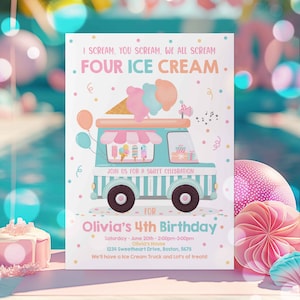 以下が含まれることがあります： 4歳の誕生日パーティーのターコイズブルーとピンクのアイスクリームトラックの招待状。招待状には「私が叫ぶ、あなたが叫ぶ、私たちは皆叫ぶ、4つのアイスクリーム」と書かれています。また、「オリビアの4歳の誕生日のお祝いにご参加ください」とも書かれています。招待状には、パーティーの日時と場所が記載されています。