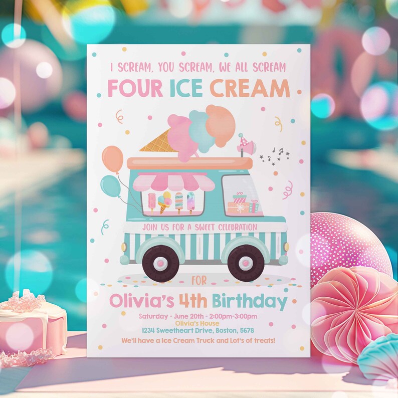 以下が含まれることがあります： 4歳の誕生日パーティーのターコイズブルーとピンクのアイスクリームトラックの招待状。招待状には「私が叫ぶ、あなたが叫ぶ、私たちは皆叫ぶ、4つのアイスクリーム」と書かれています。また、「オリビアの4歳の誕生日のお祝いにご参加ください」とも書かれています。招待状には、パーティーの日時と場所が記載されています。