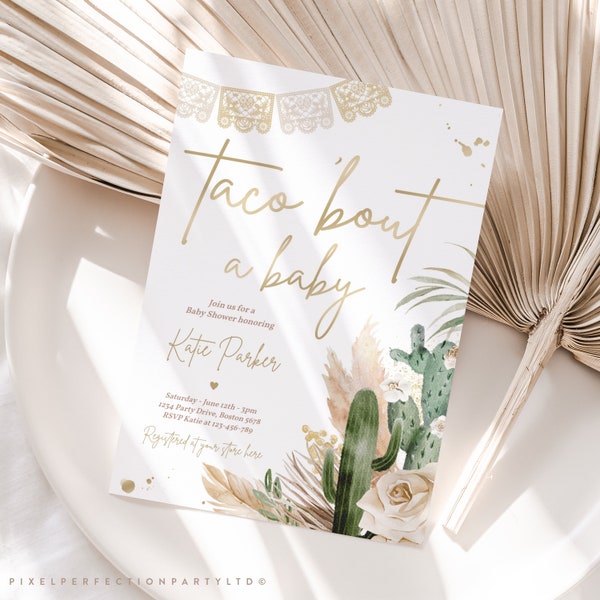 Editable Taco 'Bout A Baby Invitation Boho Fiesta Baby Shower Tropical Pampas Grass Muted Tones Gender Neutral Shower Instant Download AE
