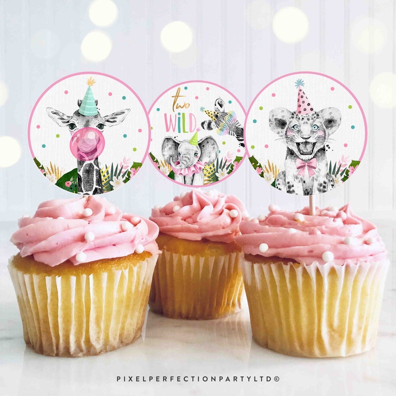 Safari Two Wild Cupcake Toppers Pink Safari Two Wild Cupcake Toppers Safari Sticker Tag Toppers Safari Party Decorations Instant Download PS image 3