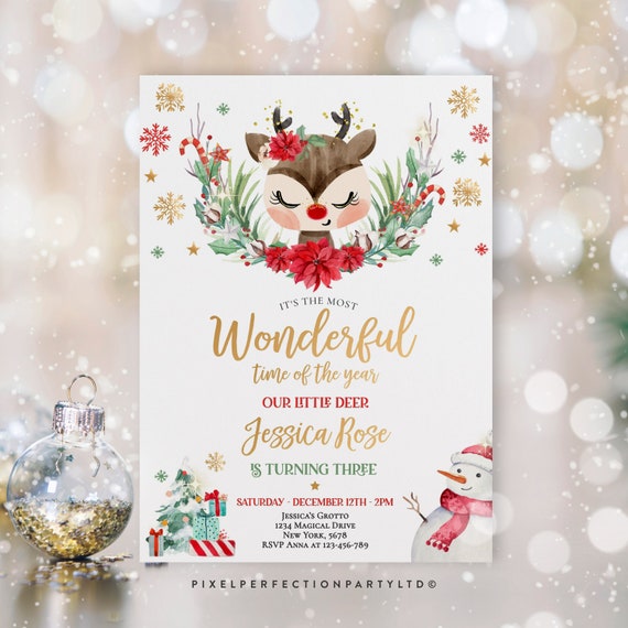 Editable Reindeer Birthday Invitation Girl Christmas Reindeer Birthday Invitation North Pole Christmas Party Instant Download Editable RD5 Il_570xn