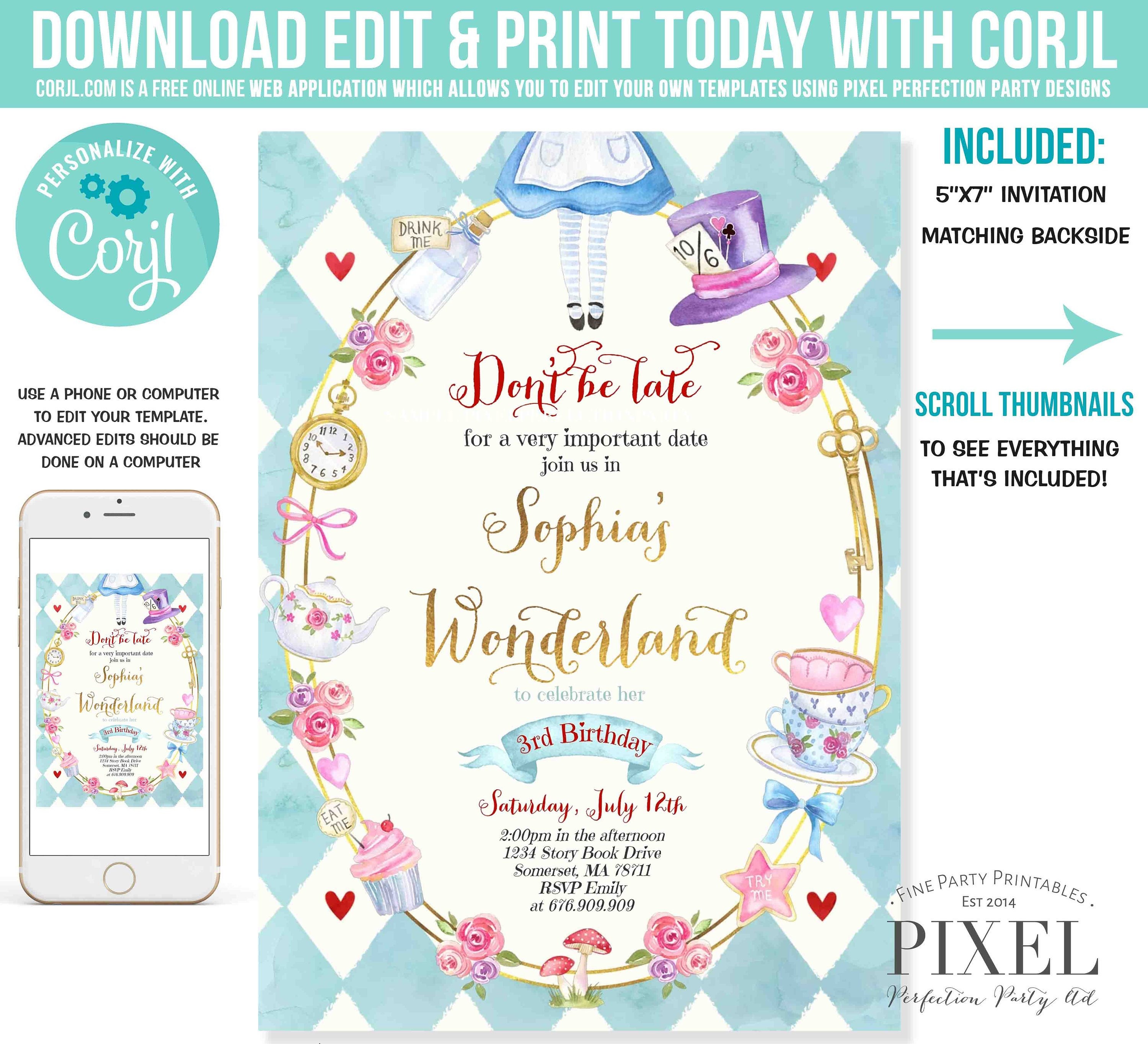 Alice In Wonderland Birthday Invitation Alice In Wonderland Etsy