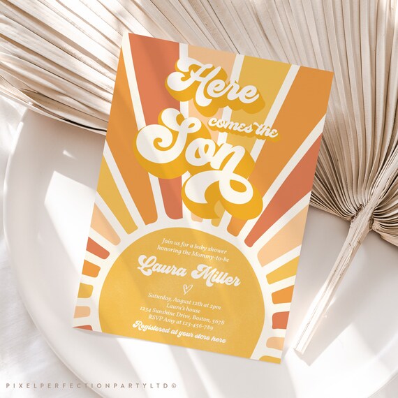Editable Sunshine Baby Shower Invitation Here Come The Son Baby Shower