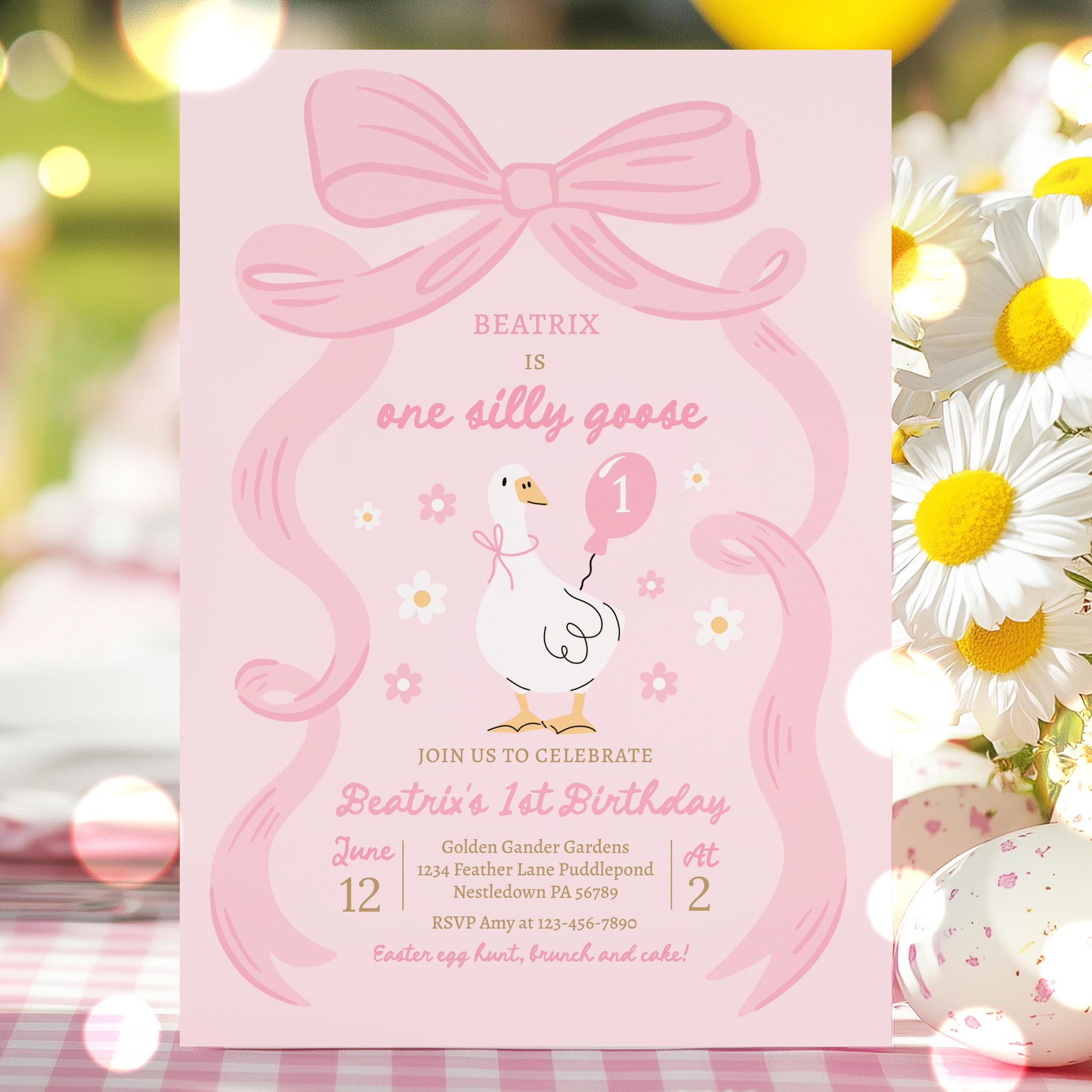 Editable One Silly Goose Birthday Party Invitation Pink 