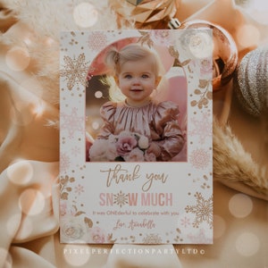 Editable Winter Onederland Thank You Photo Card Rose Gold Pink Floral Snowflake Winter Onederland 1st Birthday Gold Pink Instant Download LH