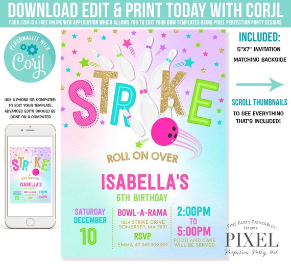 Bowling Invitation Bowling Birthday Invitation Strike Bowling Party Bowling Party Girl Bowling Party Instant Editable File Corjl K2 Il_570xn