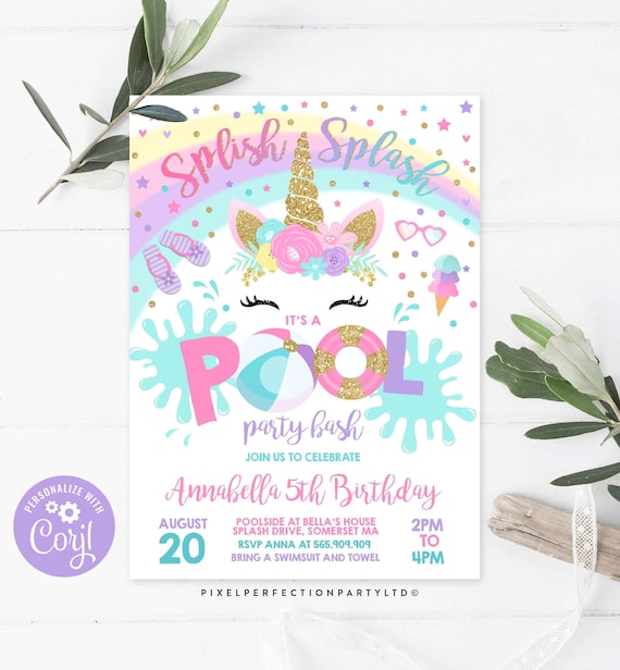 Pool Party Invitation Unicorn Pool Party Invitation Unicorn Pool Float Splish Splash Pool Party Bash Instant Download Editable Corjl UP1 Il_570xn