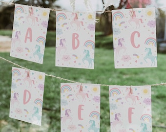Editable Unicorn Birthday A-Z Spell Anything Banner Magical Pastel Rainbow Unicorn Whimsical Fairytale Unicorn Party Instant Download UY6