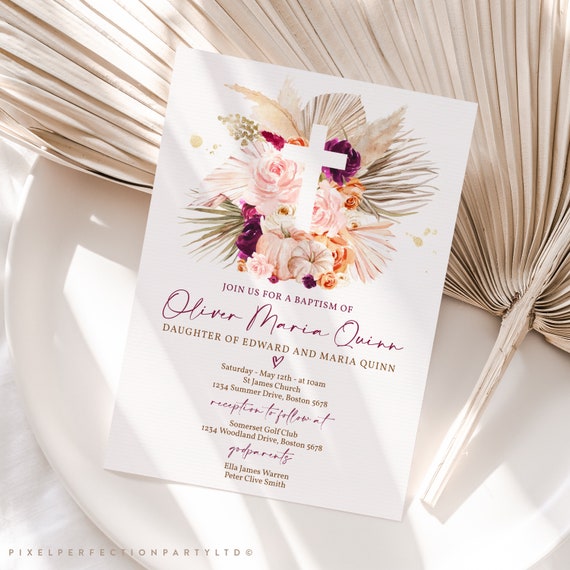 Editable Pampas Grass Baptism Invitation Burgundy Boho Floral Pumpkin Baptism Invitation Boho Christening Or Communion Instant Download GA Il_570xn