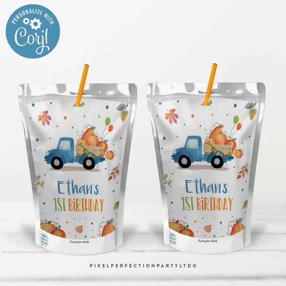 Editable Pumpkin Truck Capri Sun Labels Pumpkin Juice Cup Birthday Party Labels Blue Pumpkin Truck Juice Pouch Labels Instant Download JP Il_570xn