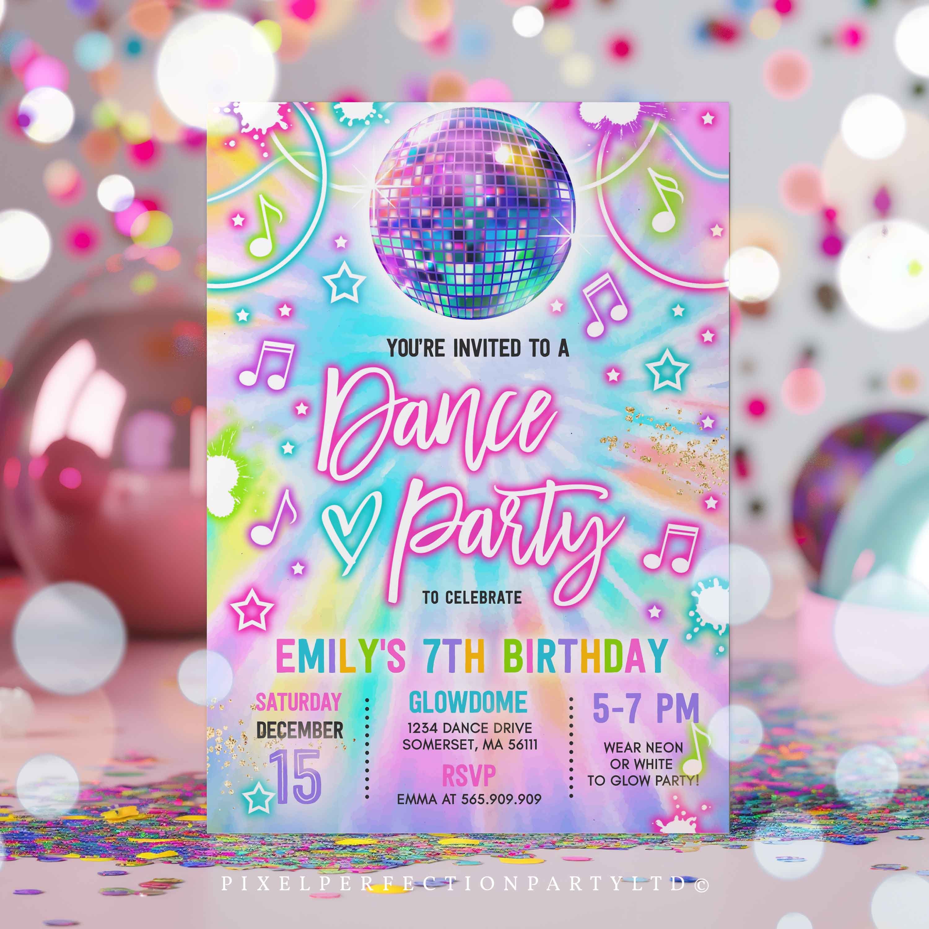 Editable Dance Party Invitation Tie Dye Dance Party Invitation Glow Tie ...
