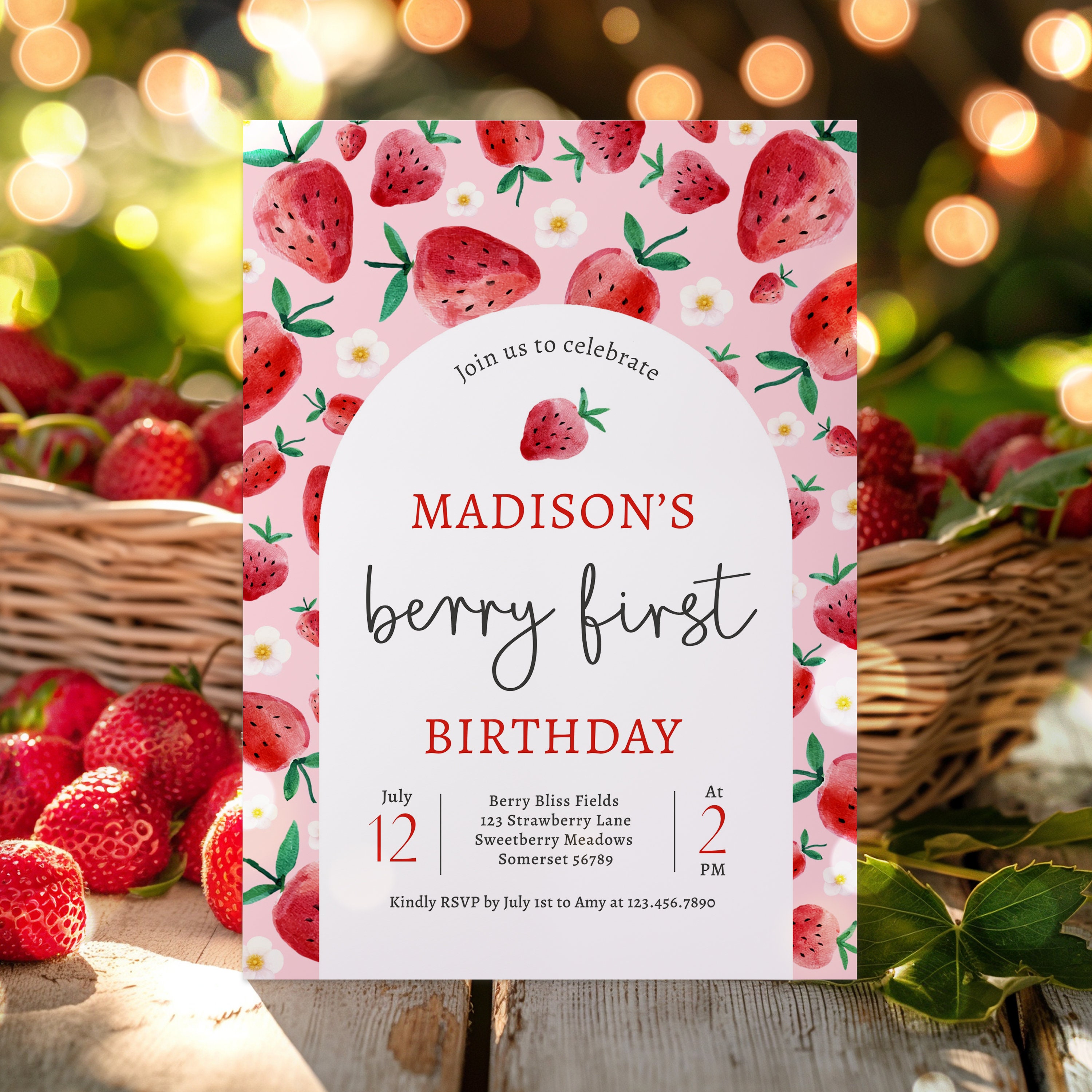 Editable Strawberry 1st Birthday Invitation Berry First Birthday ...
