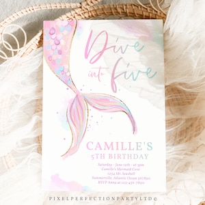Editable Mermaid Dive Into Five 5th Birthday Invitation Purple Pink Gold Whimsical Mermaid Under The Sea 5th Birthday Instant Download ZX